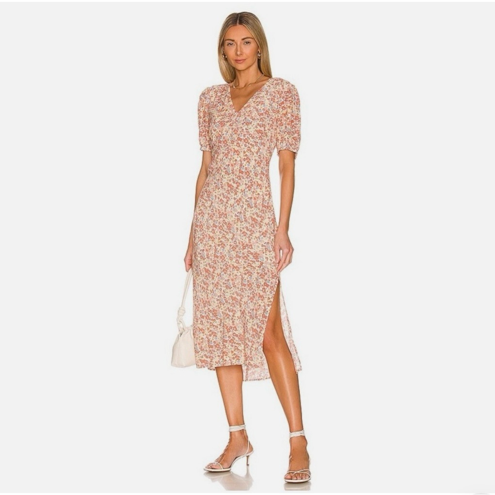 Rails Revolve Shelley Midi Dress In Multi Wildflower V-Neck Puff Sleeve Size S